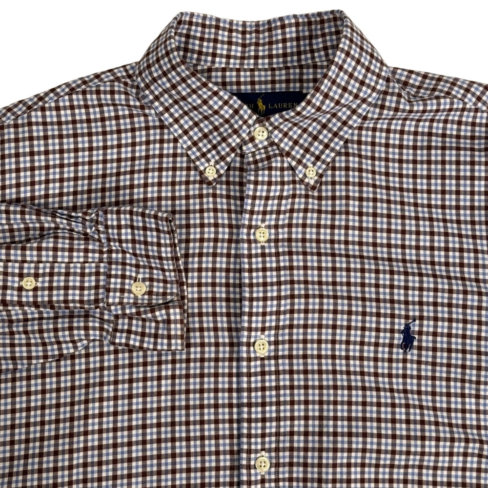 Ralph Lauren Gingham Check Plaid Button Down Shirt Brown Blue Cotton Mens L